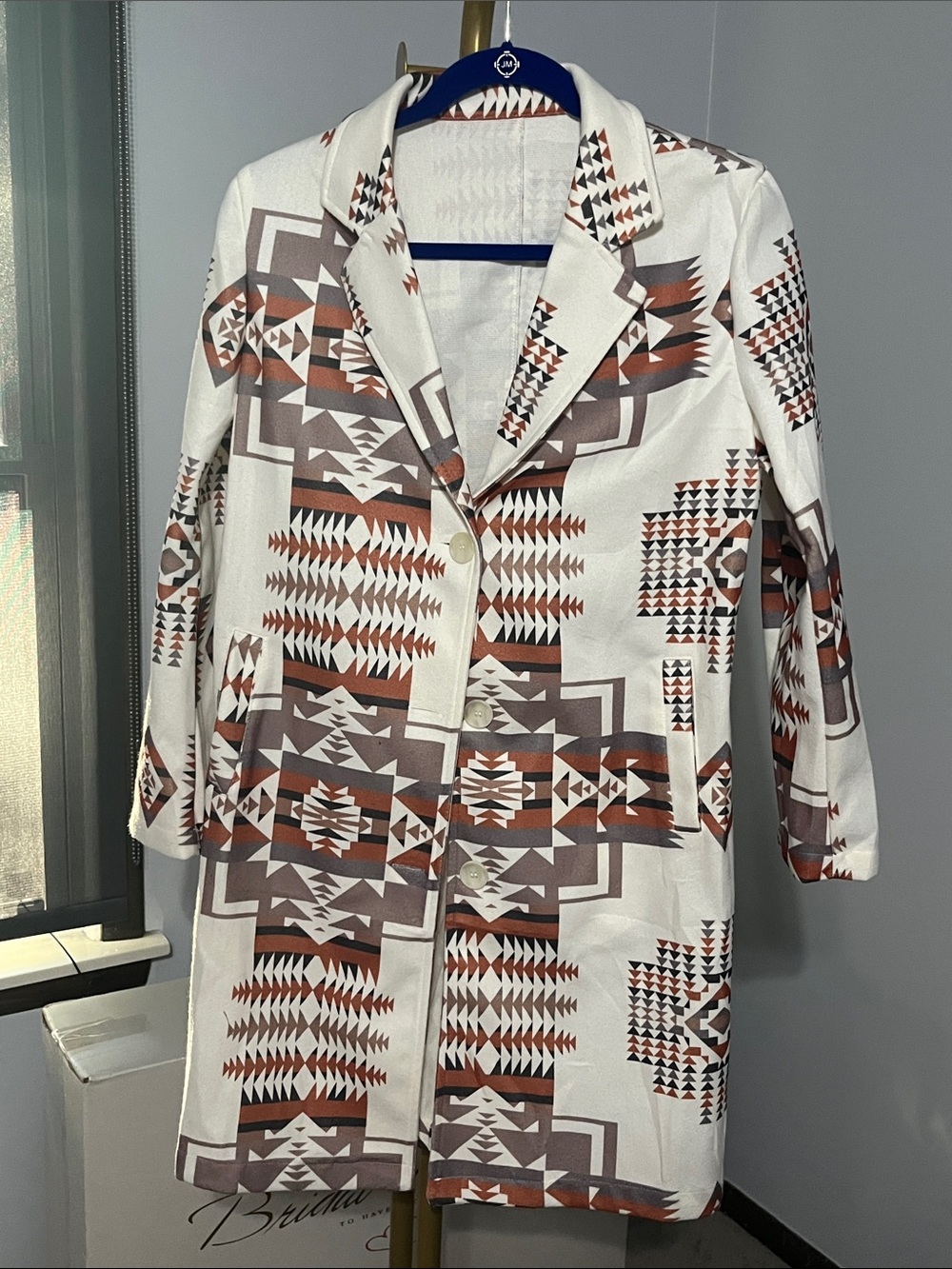 Aztec-Print White Trench Coat with Brown Accents